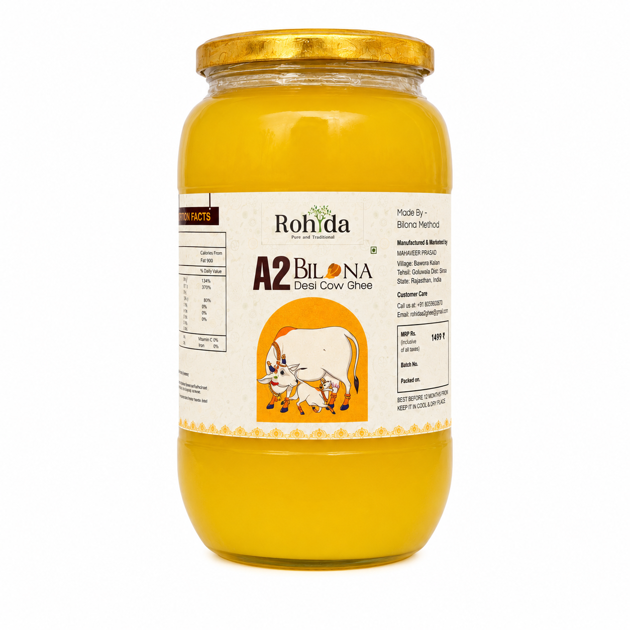 RohidaFarm A2 Bilona Desi Cow Ghee (Vedic Method) 5OOgm