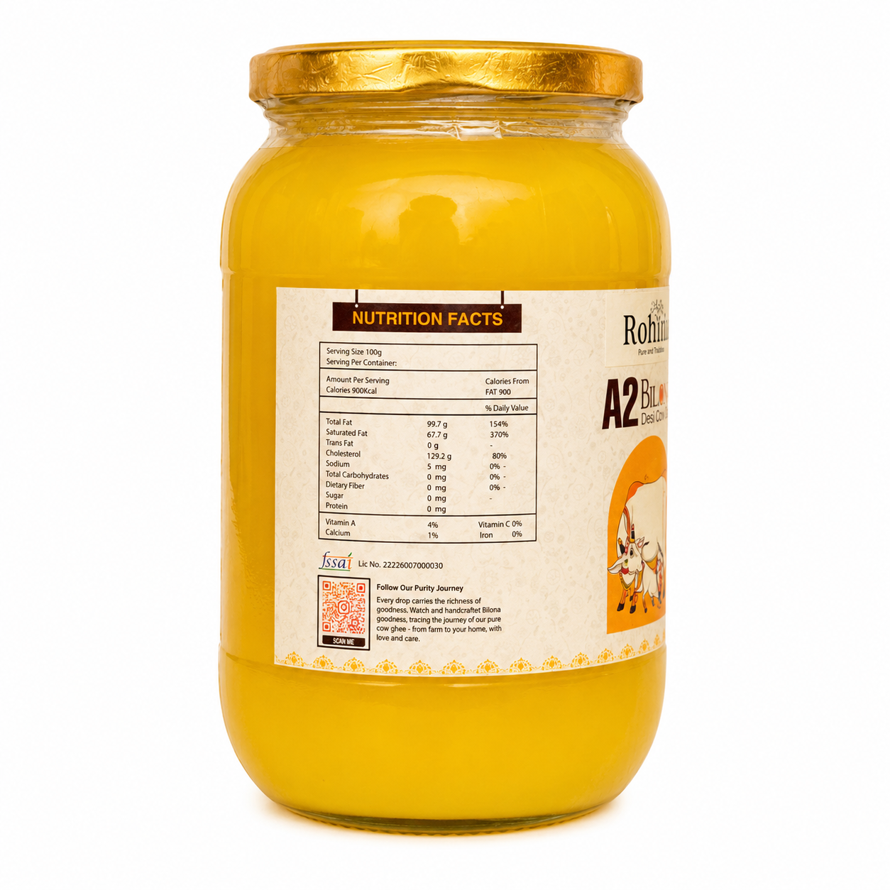 RohidaFarm A2 Bilona Desi Cow Ghee (Vedic Method) 5OOgm